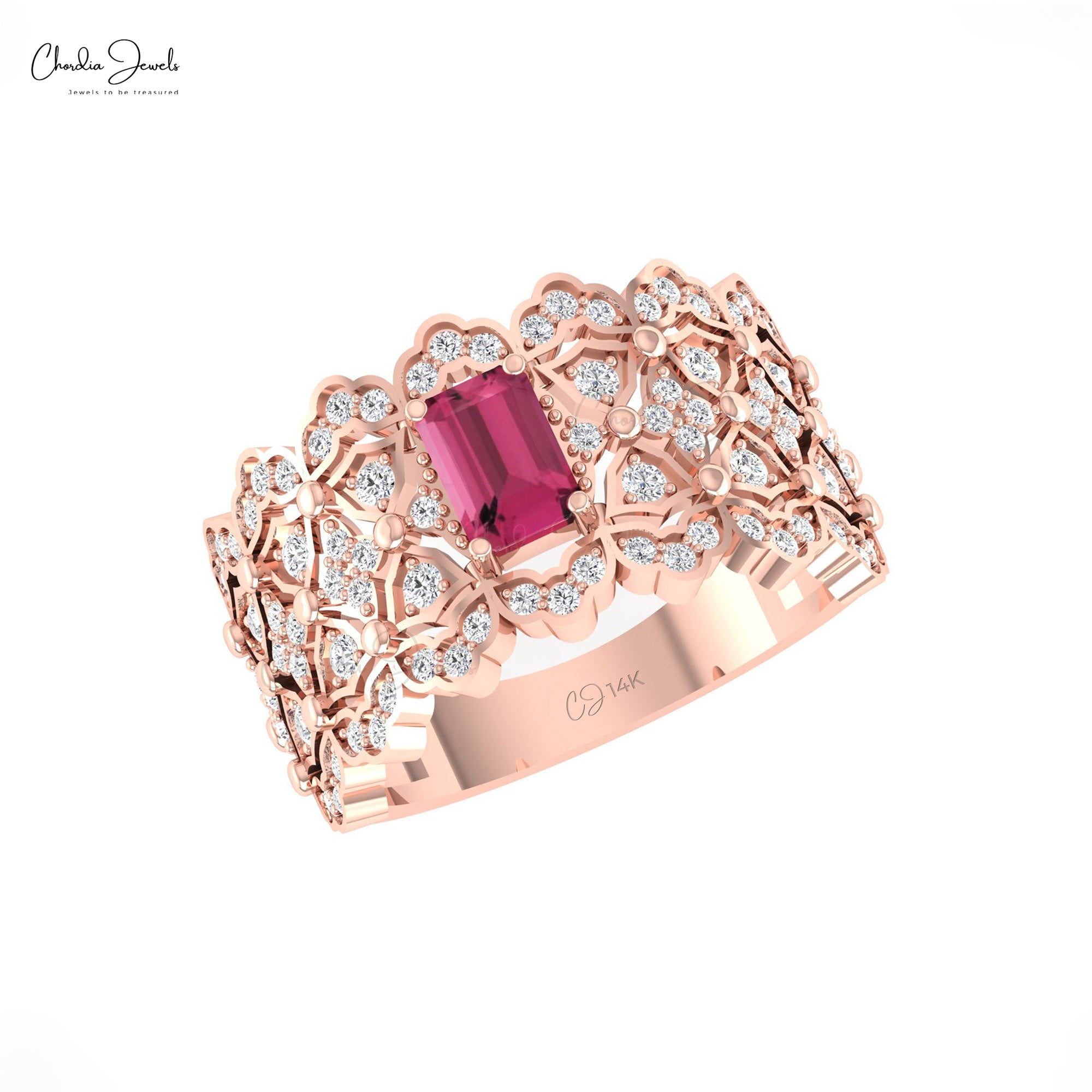 Diamond Cluster Wedding Ring In Real 14k Gold Pink Tourmaline Octagon Cut Cocktail Rings