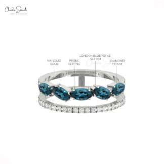 Stackable Twin Shank Diamond Ring In Solid 14k Gold London Blue Topaz Engagement Bands