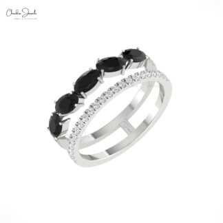 Dual Shank Stack Diamond Ring With 5x3mm Black Diamond Prong Set In 14k Real Gold Rings