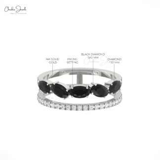 Dual Shank Stack Diamond Ring With 5x3mm Black Diamond Prong Set In 14k Real Gold Rings