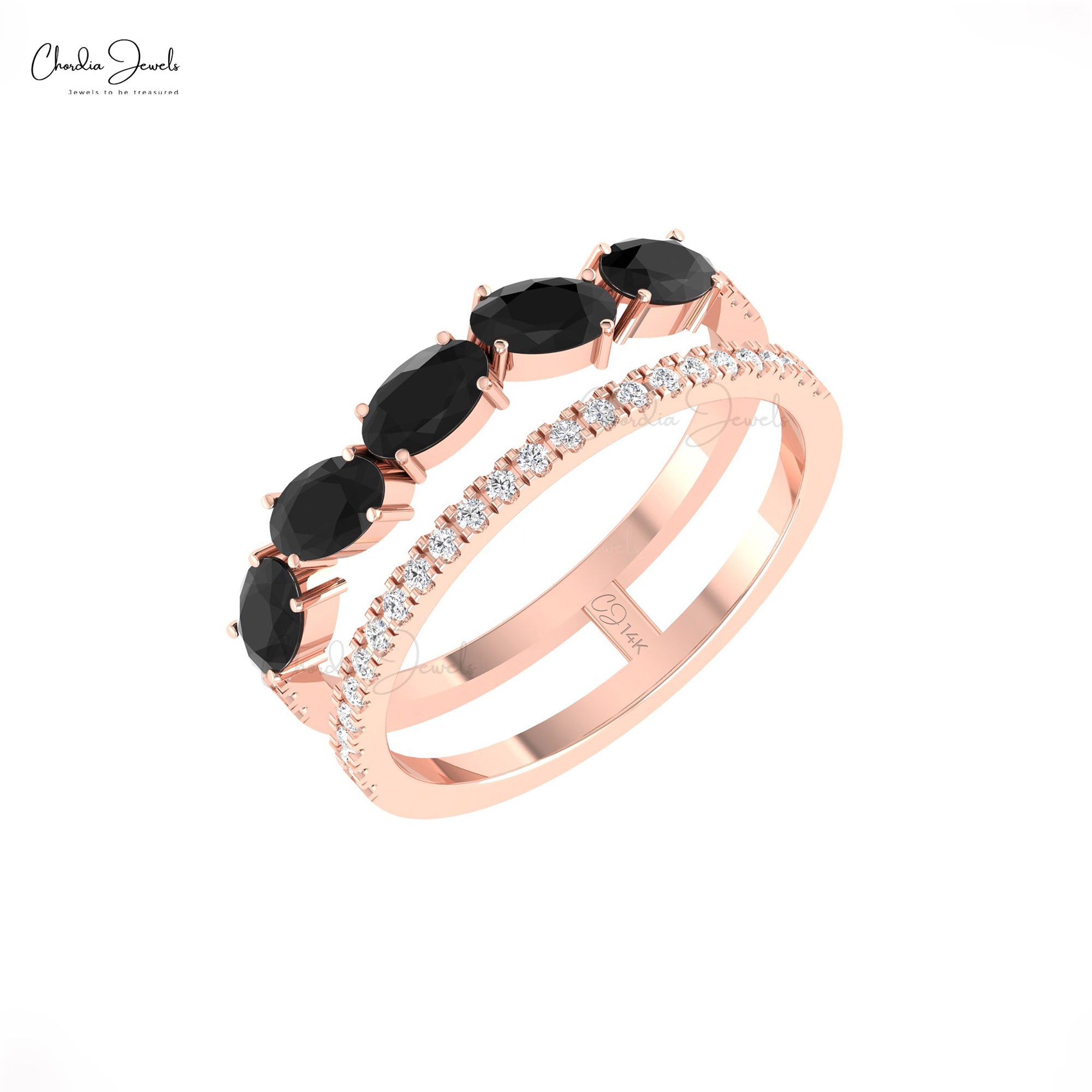 Dual Shank Stack Diamond Ring With 5x3mm Black Diamond Prong Set In 14k Real Gold Rings