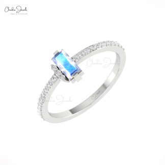 Baguette Proposal Ring With 6x3mm Rainbow Moonstone & Diamond 14k Pure Gold Dainty Rings