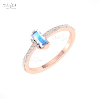 Baguette Proposal Ring With 6x3mm Rainbow Moonstone & Diamond 14k Pure Gold Dainty Rings