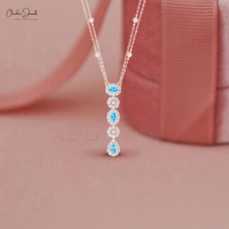 Gemstone Y Drop Necklace In 14k Solid Gold Swiss Blue Topaz Halo Diamond Chain Necklaces
