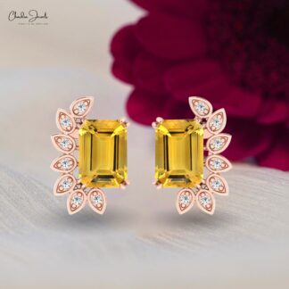 Natural Citrine Statement Stud With 2 Ct Gemstone And Diamond Earrings In 14k Real Gold