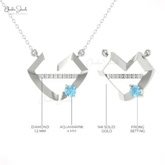 Unique Hubb Heart Necklace With 4mm Aquamarine And Pave Diamond 14k Real Gold Necklace
