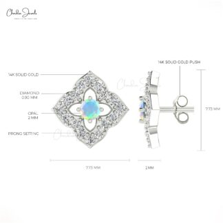 Flower Style Halo Diamond Studs In 14k Solid Gold Fire Opal 2mm Gemstone Wedding Earrings