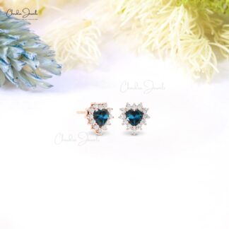 Heart London Blue Topaz Studs In 14k Solid Gold Halo Diamond Minimalist Earrings For Her