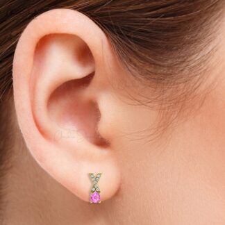 0.90 Ct Pink Sapphire And Pave Diamond Criss-Cross Stud Earrings in 14k Solid Gold