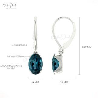 6x4mm London Blue Topaz Dangle Earrings in 14k Solid Gold with Lever Back Closure