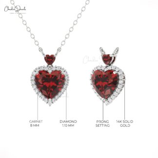 Two Gemstone Love Necklace In 14k Pure Gold Red Garnet Halo Diamond Heart Necklace