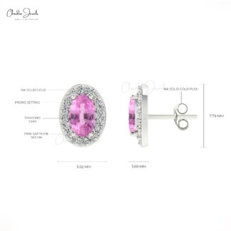Oval Halo Diamond Earrings In 14k Solid Gold Pink Sapphire Gemstone Handmade Studs