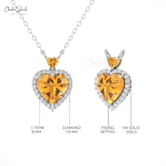 Dual Heart Gemstone Necklace In 14k Solid Gold Citrine And Diamond Halo Chain Necklace