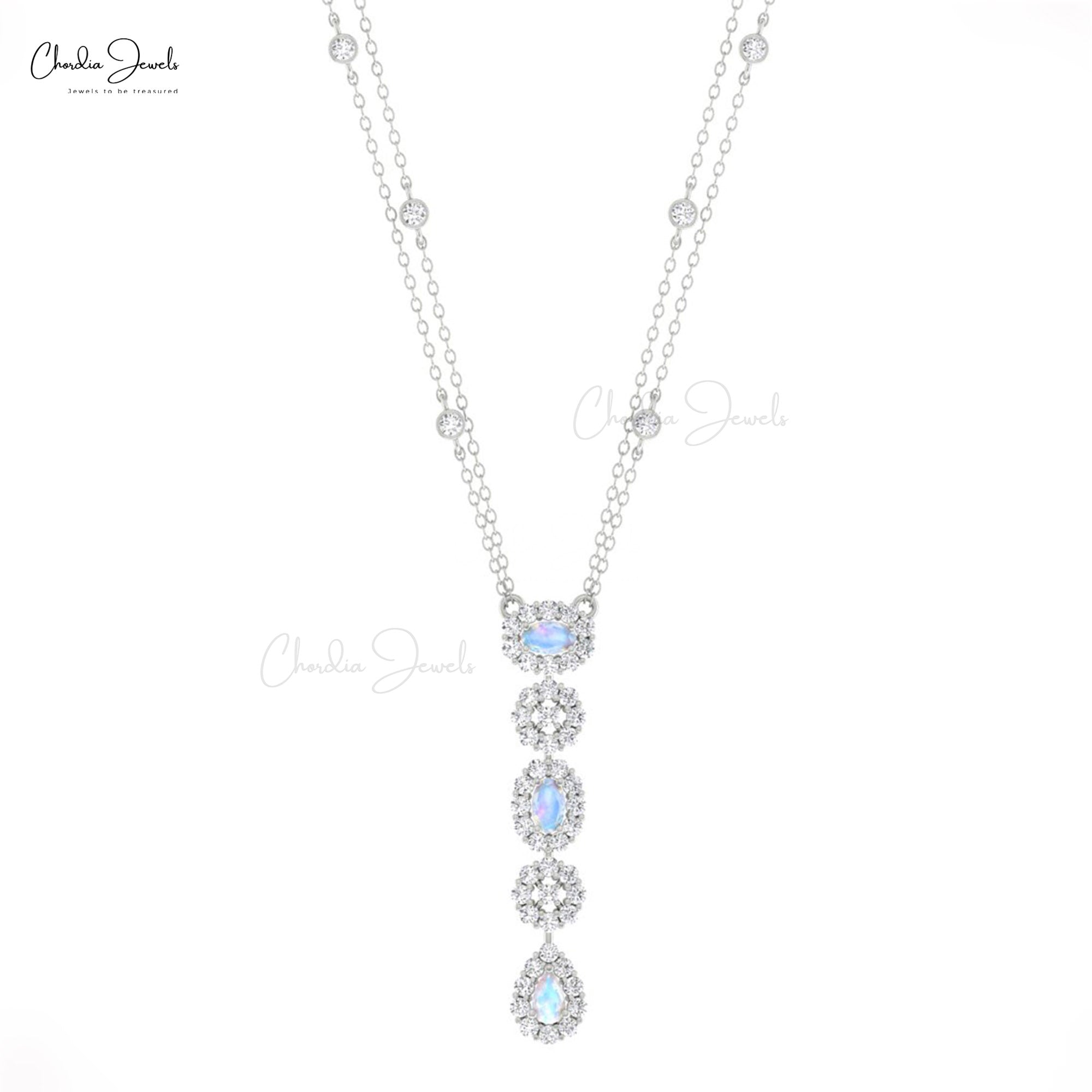 Cluster Diamond Chain Necklace In Real 14k Gold Rainbow Moonstone Dangle Y Necklaces