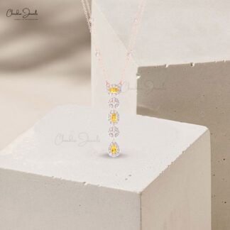 Real 14k Gold Dangle Chain Necklace With 0.63 Ct Citrine Halo Diamond Y Necklaces For Mom