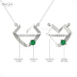 Real 14k Gold Heart Style Necklace With 0.38 Ct Emerald And Diamond Lips Love Necklaces