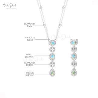 Triple Fire Opal Y Necklace With Halo Diamond Pave In 14k Pure Gold Hallmark Necklace