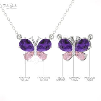Diamond Papillion Chain Necklace With 1.26 Ct Amethyst And Morganite 14k Real Gold Necklaces
