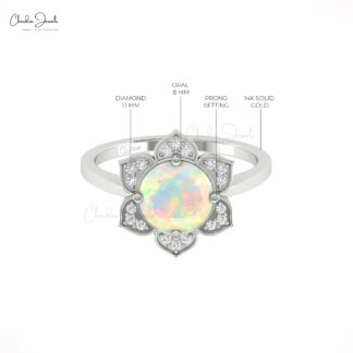 Round Fire Opal Floral Ring In Solid 14k Gold Diamond And 8mm Gemstone Blossom Rings