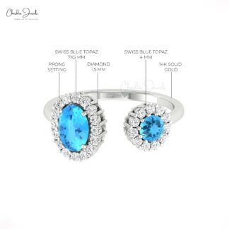 Dual Halo Open Cuff Ring With 1 Ctw Swiss Blue Topaz Diamond 14k Solid Gold Rings