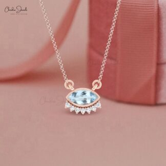 Pure 14k Gold Floating Necklace With 7×3.5mm Aquamarine And Diamond Thin Chain Necklaces