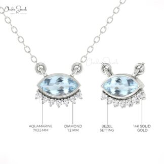 Pure 14k Gold Floating Necklace With 7×3.5mm Aquamarine And Diamond Thin Chain Necklaces