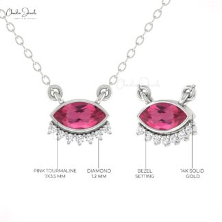 Floating Diamond Necklace In 14k Real Gold Pink Tourmaline Evil Eye Minimal Chain Necklace