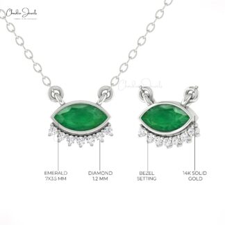 Marquise Floating Necklace In 14k Real Gold Emerald And Diamond Dainty Chain Necklaces