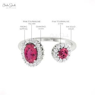 Natural Pink Tourmaline Open Cuff Ring With Halo Diamond 14k Real Gold Hallmarked Jewelry