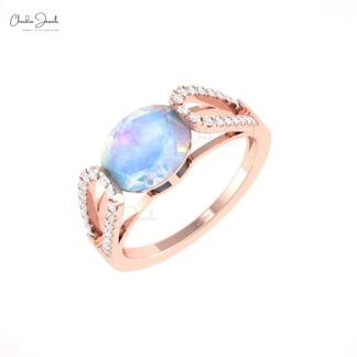 Two Birthstone Split Shank Ring With 10x8mm Rainbow Moonstone And Diamond 14k Gold Ring