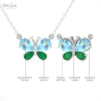 Papillion Unique Necklace With 7x5mm Aquamarine And Diamond Pave In 14k Real Gold Necklace
