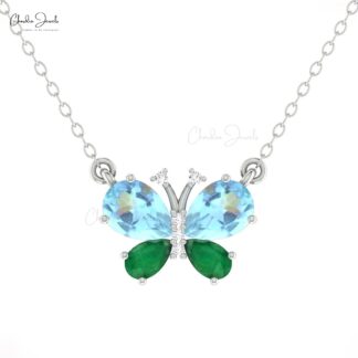 Papillion Unique Necklace With 7x5mm Aquamarine And Diamond Pave In 14k Real Gold Necklace