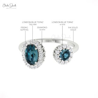Gemstone Halo Ring With 0.95 Ct London Blue Topaz Diamond Open Cuff Rings In 14k Gold