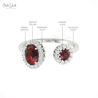 Diamond Open Cuff Ring In Solid 14k Gold Red Garnet 0.95 Ct Gemstone Halo Women Ring