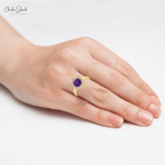 Halo Engagement Ring With 1.5 Ct Amethyst And Diamond 14k Real Gold Blossom Rings