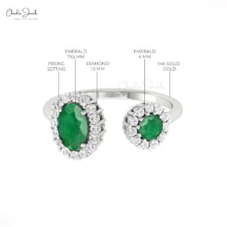 Adjustable Split Shank Ring With 7x5mm Emerald And Diamond Halo 14k Real Gold Rings