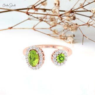 Real 14k Gold Split Shank Ring With Oval And Round Cut Peridot Diamond Halo Promise Rings