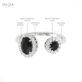 Halo Diamond Adjustable Ring In 14k Real Gold Black Diamond April Birthstone Wedding Ring