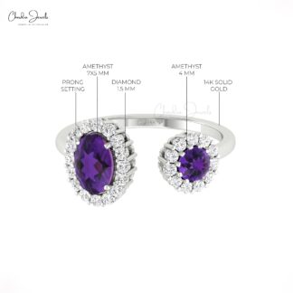 Split Shank Gemstone Ring In 14k Solid Gold Amethyst And Diamond Dual Halo Women Rings