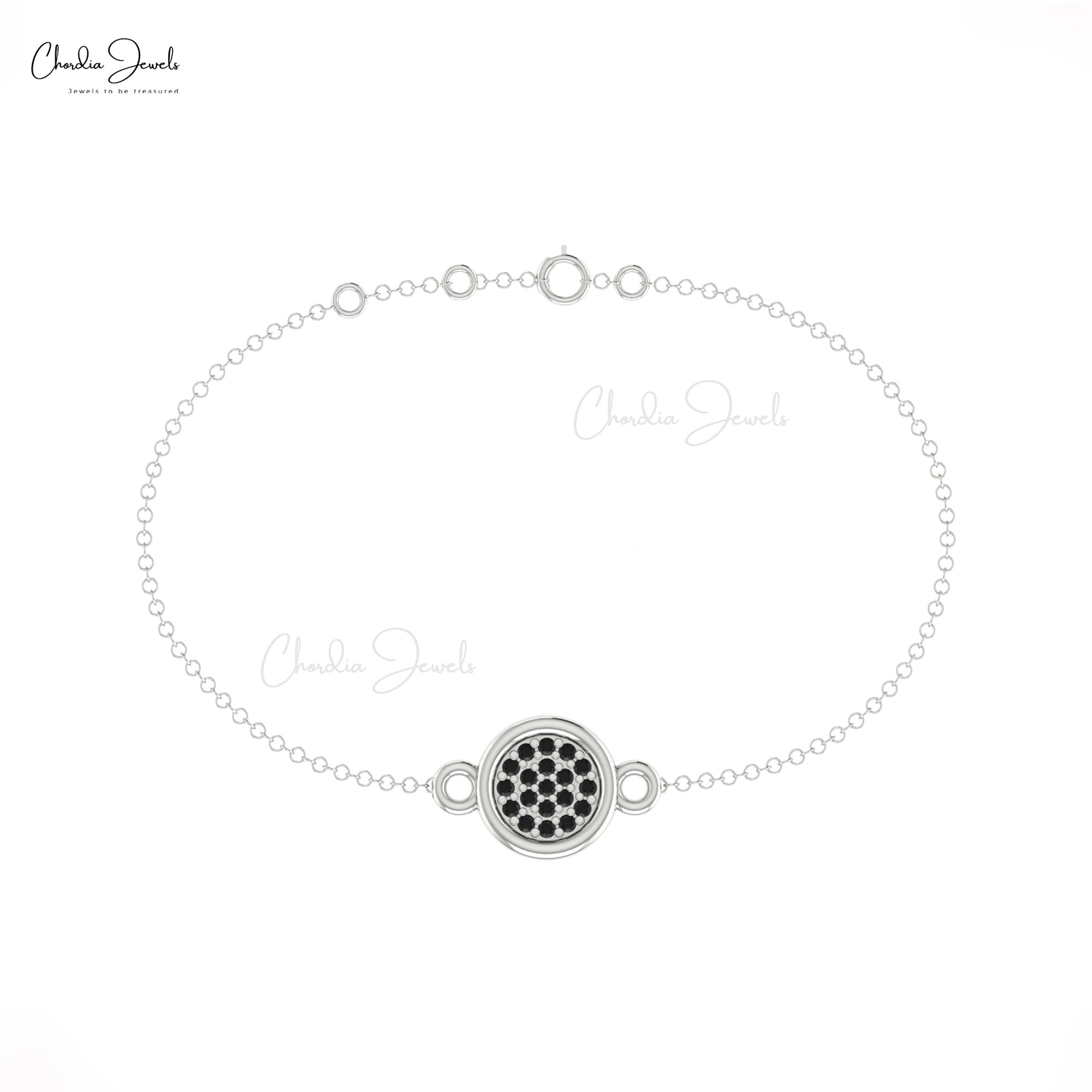 Cluster Chain Disc Bracelet In Solid 14k Gold Black Diamond 0.08 Ct Round Fine Jewelry