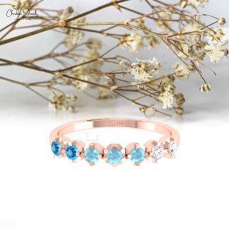Half Eternity Diamond Band In Solid 14k Gold Swiss Blue Topaz And Aquamarine Wedding Ring
