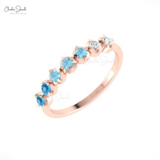 Half Eternity Diamond Band In Solid 14k Gold Swiss Blue Topaz And Aquamarine Wedding Ring