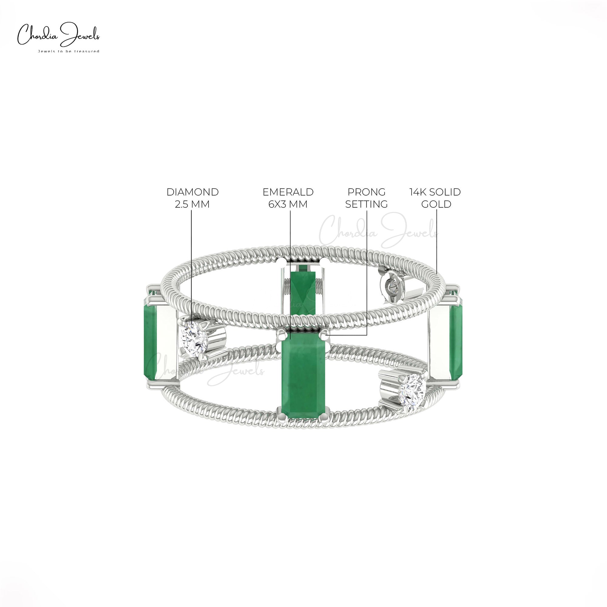 Baguette Twisted Wire Ring In 14k Real Gold Emerald And Diamond Prong Set Rings For Her