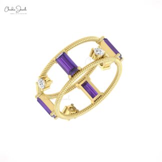 Dual Birthstone Diamond Band With 6x3mm Amethyst February Birthstone 14k Gold Twisted Ring