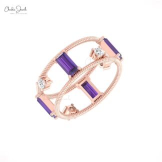 Dual Birthstone Diamond Band With 6x3mm Amethyst February Birthstone 14k Gold Twisted Ring