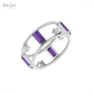 Dual Birthstone Diamond Band With 6x3mm Amethyst February Birthstone 14k Gold Twisted Ring