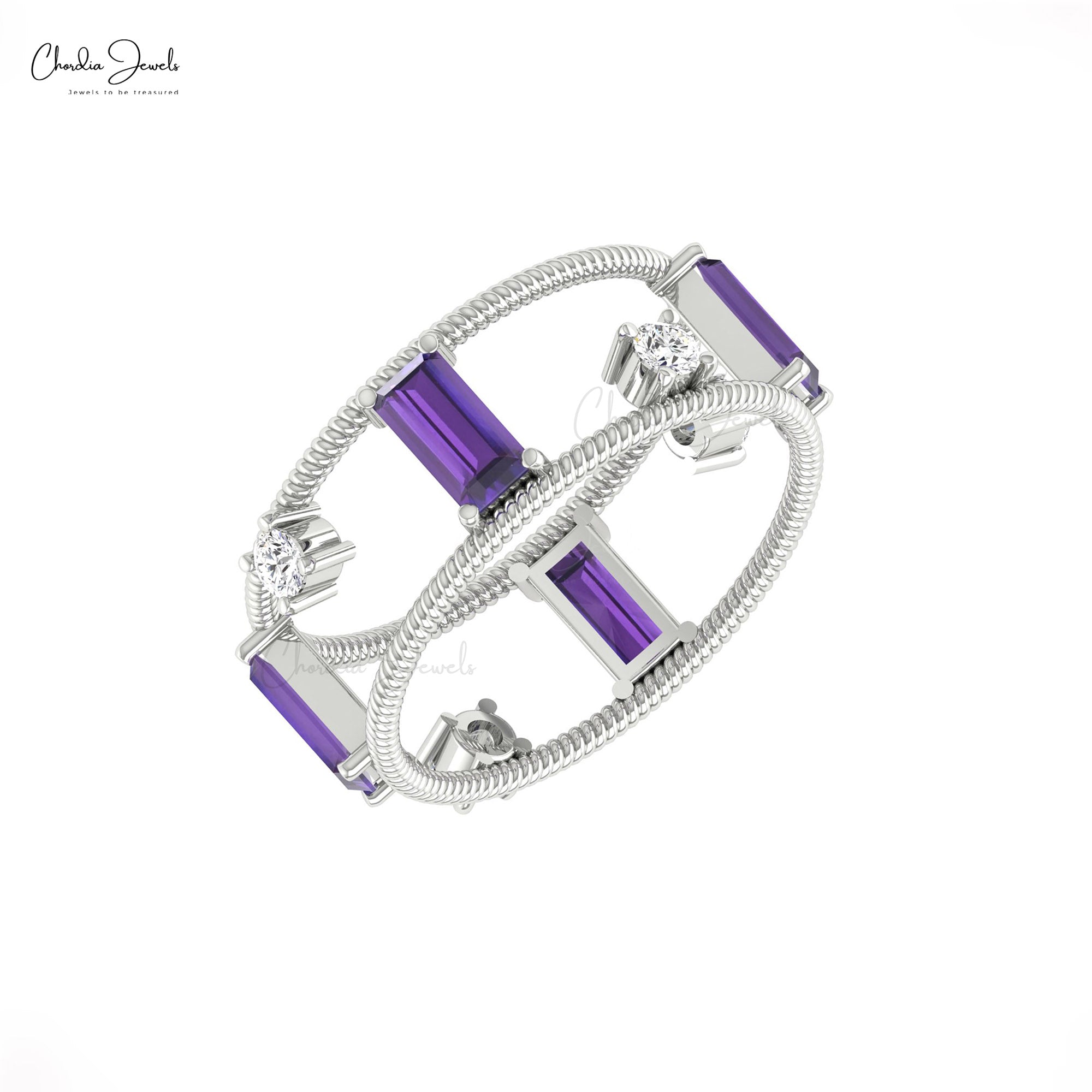 Dual Birthstone Diamond Band With 6x3mm Amethyst February Birthstone 14k Gold Twisted Ring