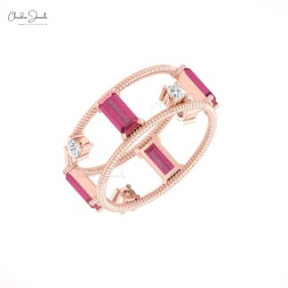 Pure 14k Gold Dual Wire Band with 6x3mm Pink Tourmaline And Round Diamond Twisted Ring