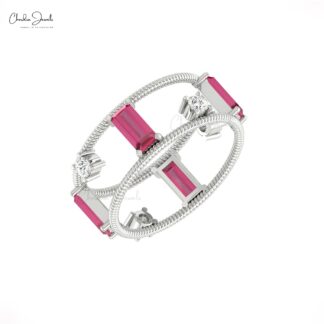 Pure 14k Gold Dual Wire Band with 6x3mm Pink Tourmaline And Round Diamond Twisted Ring