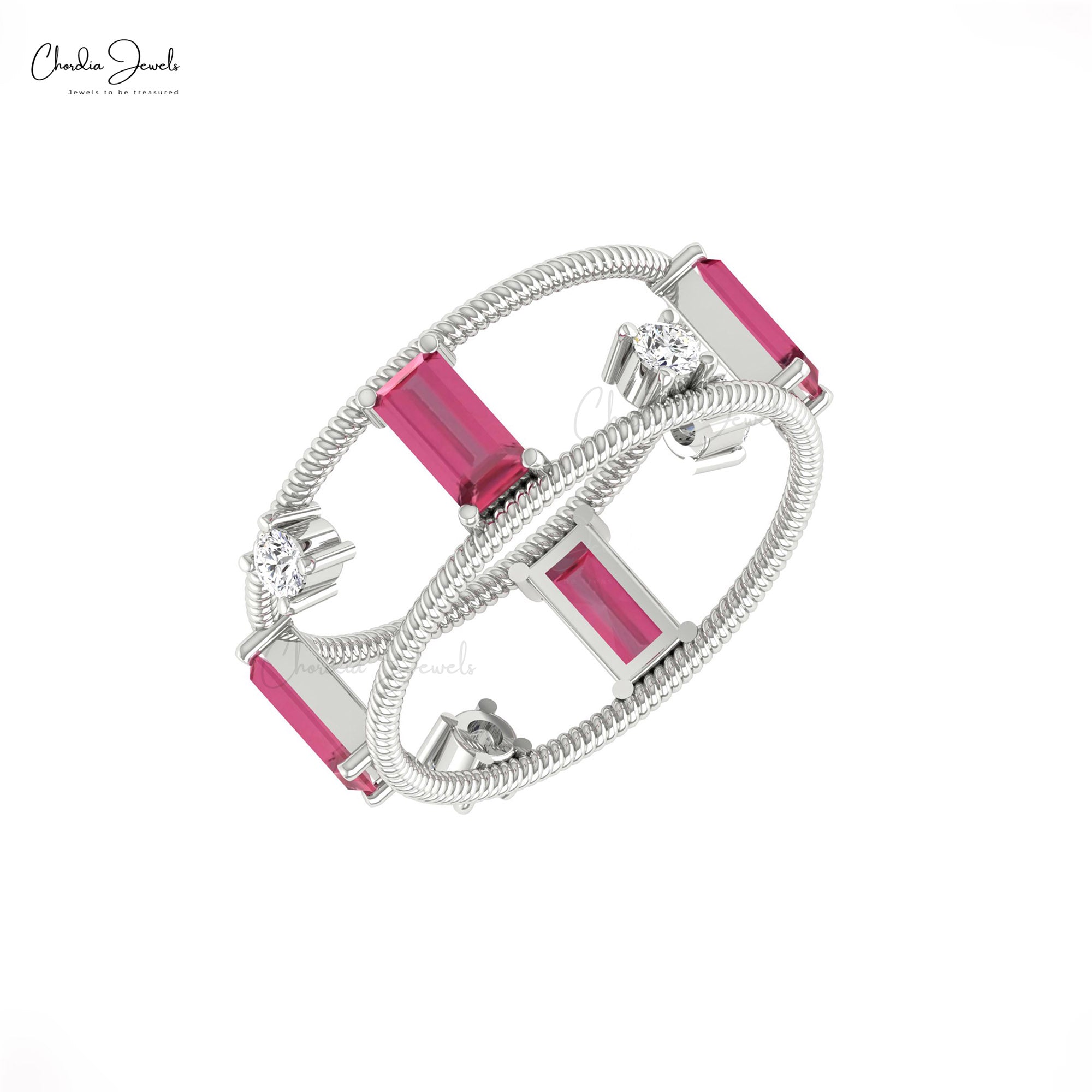 Pure 14k Gold Dual Wire Band with 6x3mm Pink Tourmaline And Round Diamond Twisted Ring
